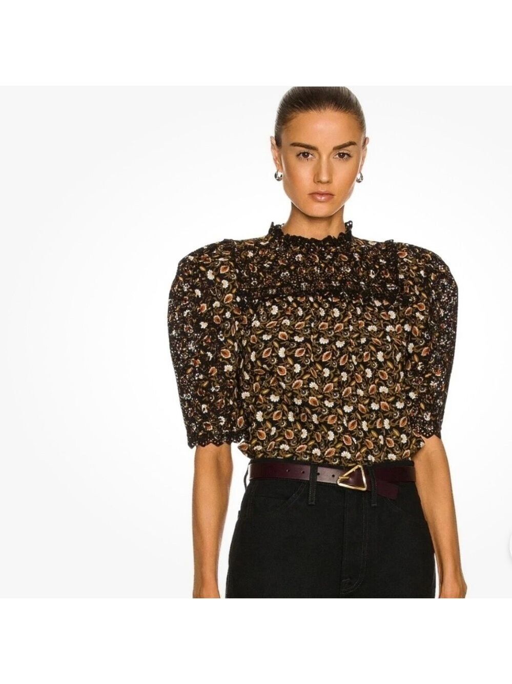 Ulla Johnson Yvonne Puff Sleeve Lace Trim Floral Print Top SZ 10 Lune Black